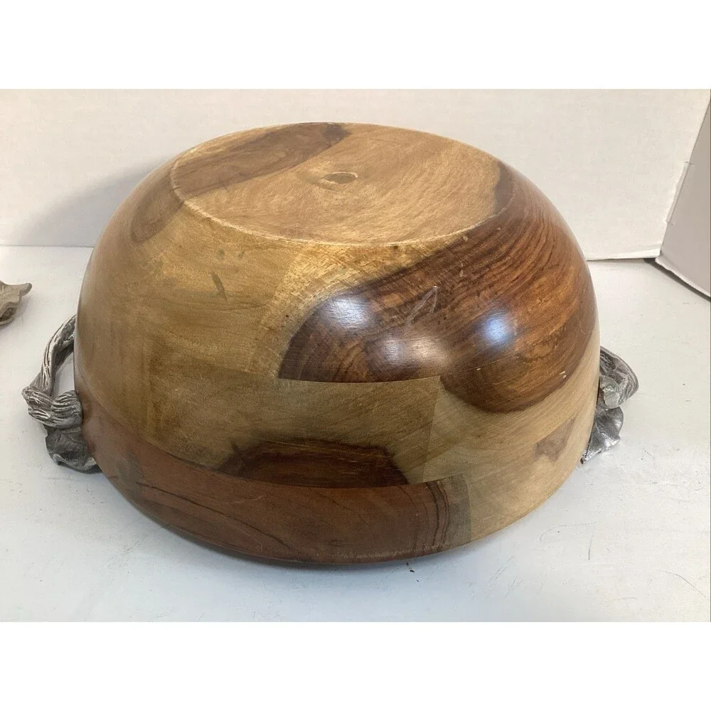 wooden bowl w/ ornate metal leaf branch handles matching spoons 12” diameter
